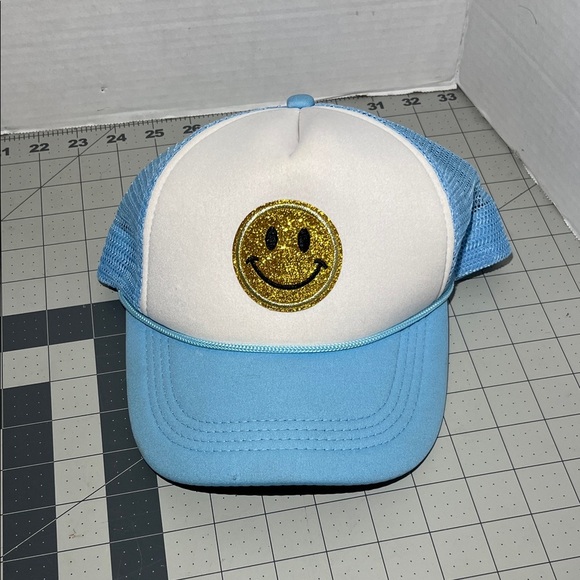 Accessories - Blue and White Trucker Hat with Gold Smiley Face